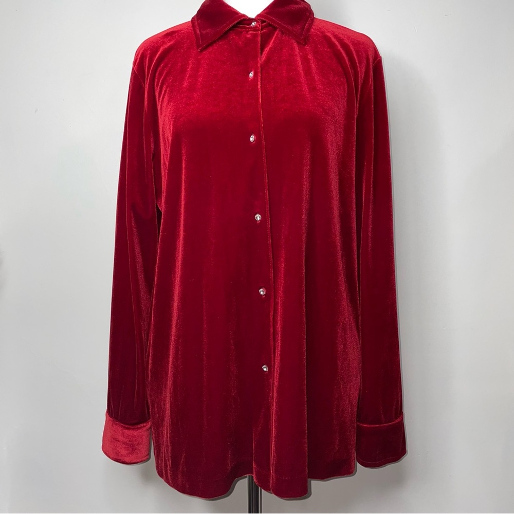 Jones New York Red Velvet Jeweled Rhinestones Buttons Shirt XL Holiday - Picture 8 of 15